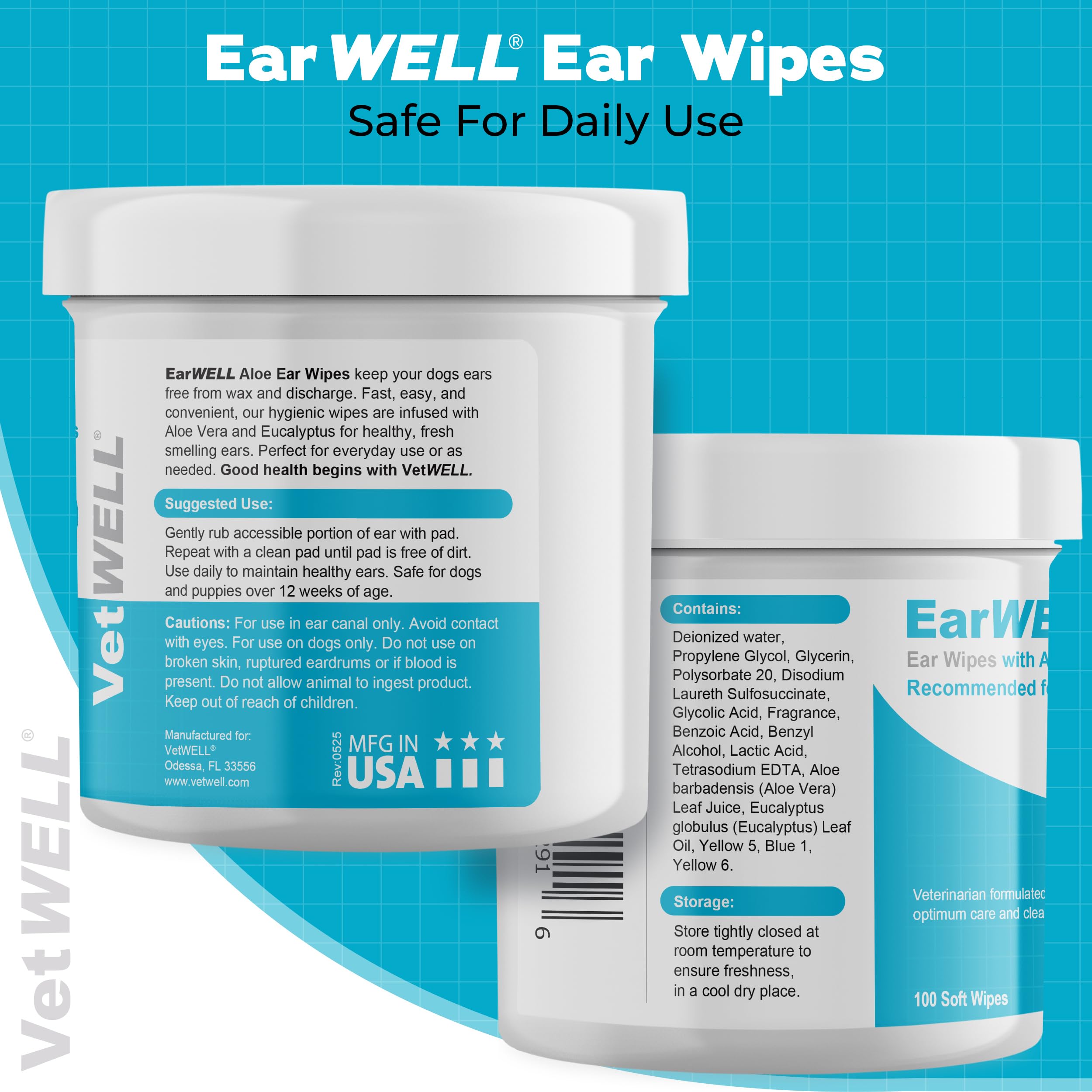 VetWELL EarWELL wipes made in USA with quality manufacturing standards.