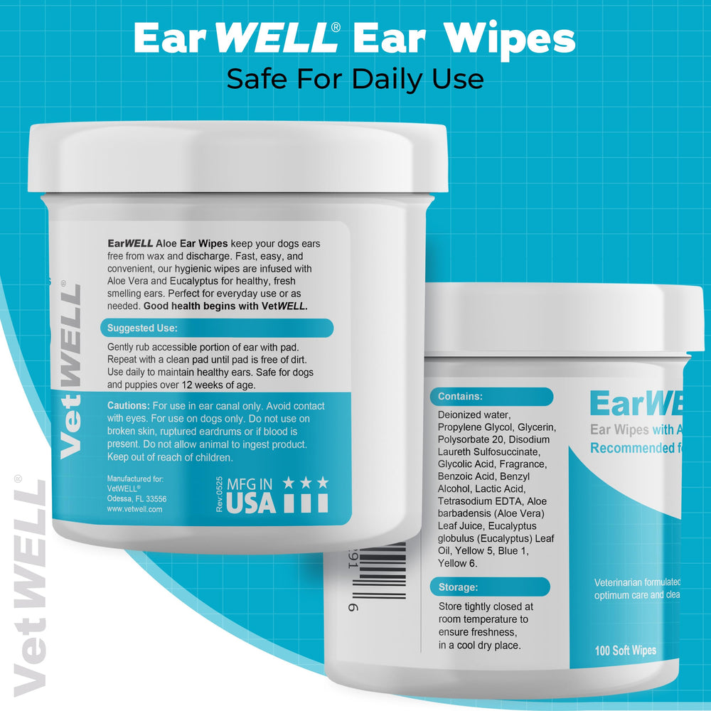VetWELL EarWELL wipes made in USA with quality manufacturing standards.
