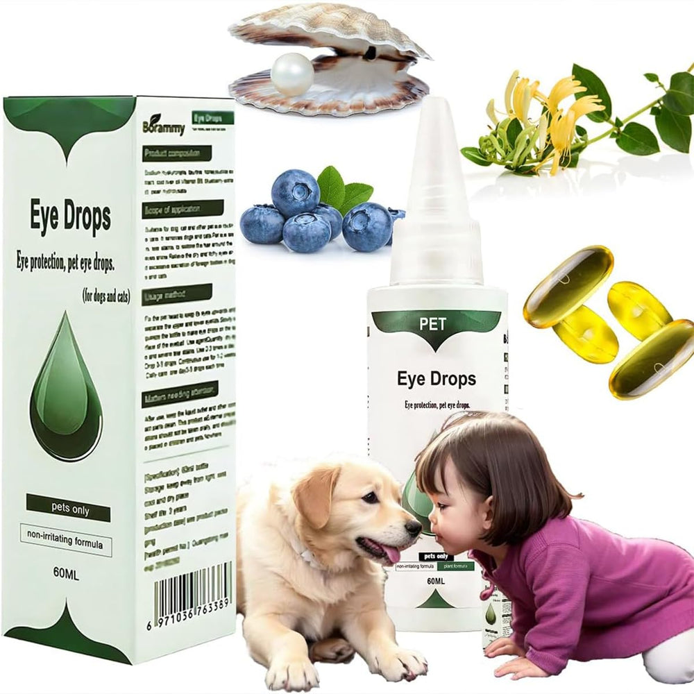 VEZE Eye Drops bottle applied to a dog's eye for gentle comfort and protection.