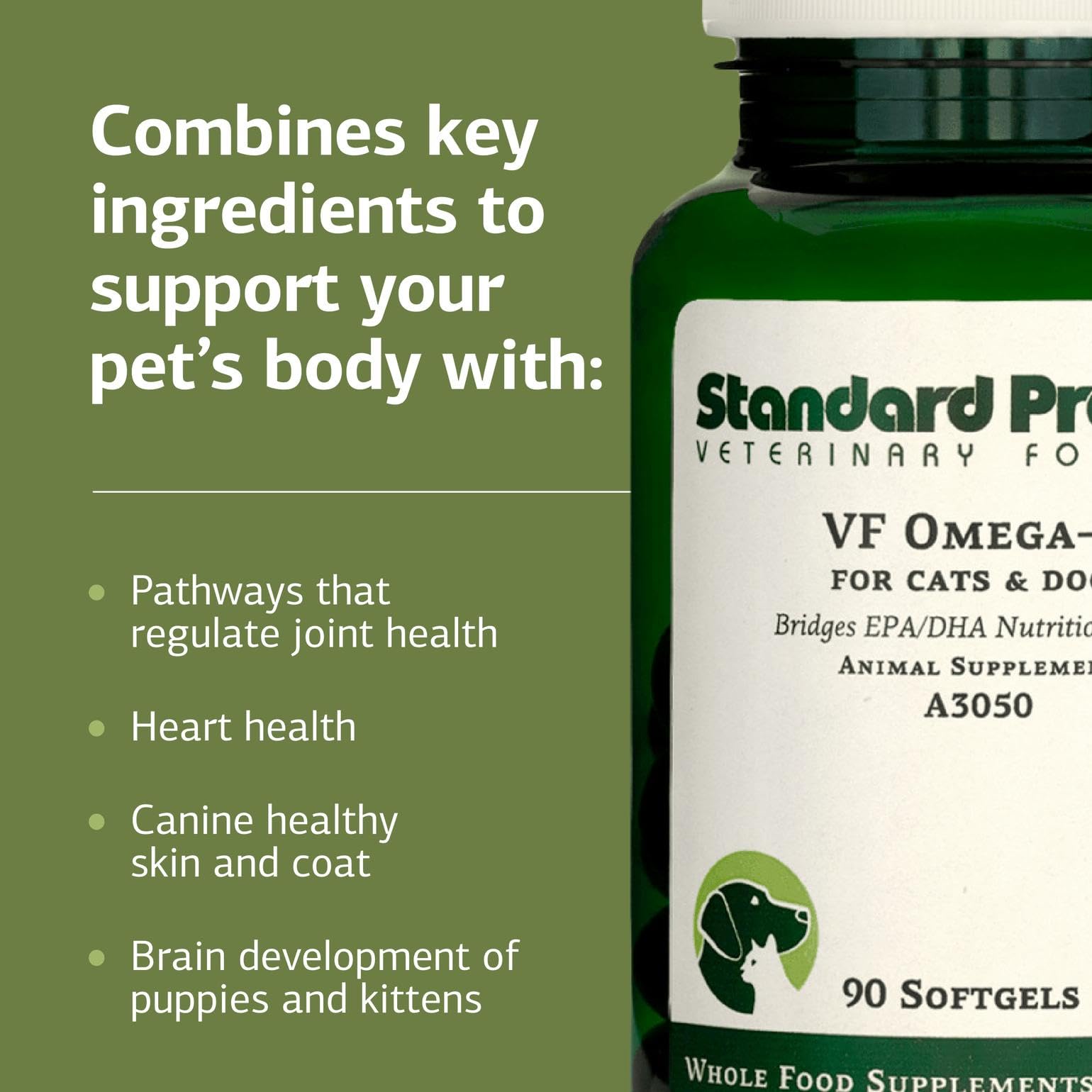 Standard Process VF Omega-3 for Pets dosing guide visual inviting adult dog and cat dosing
