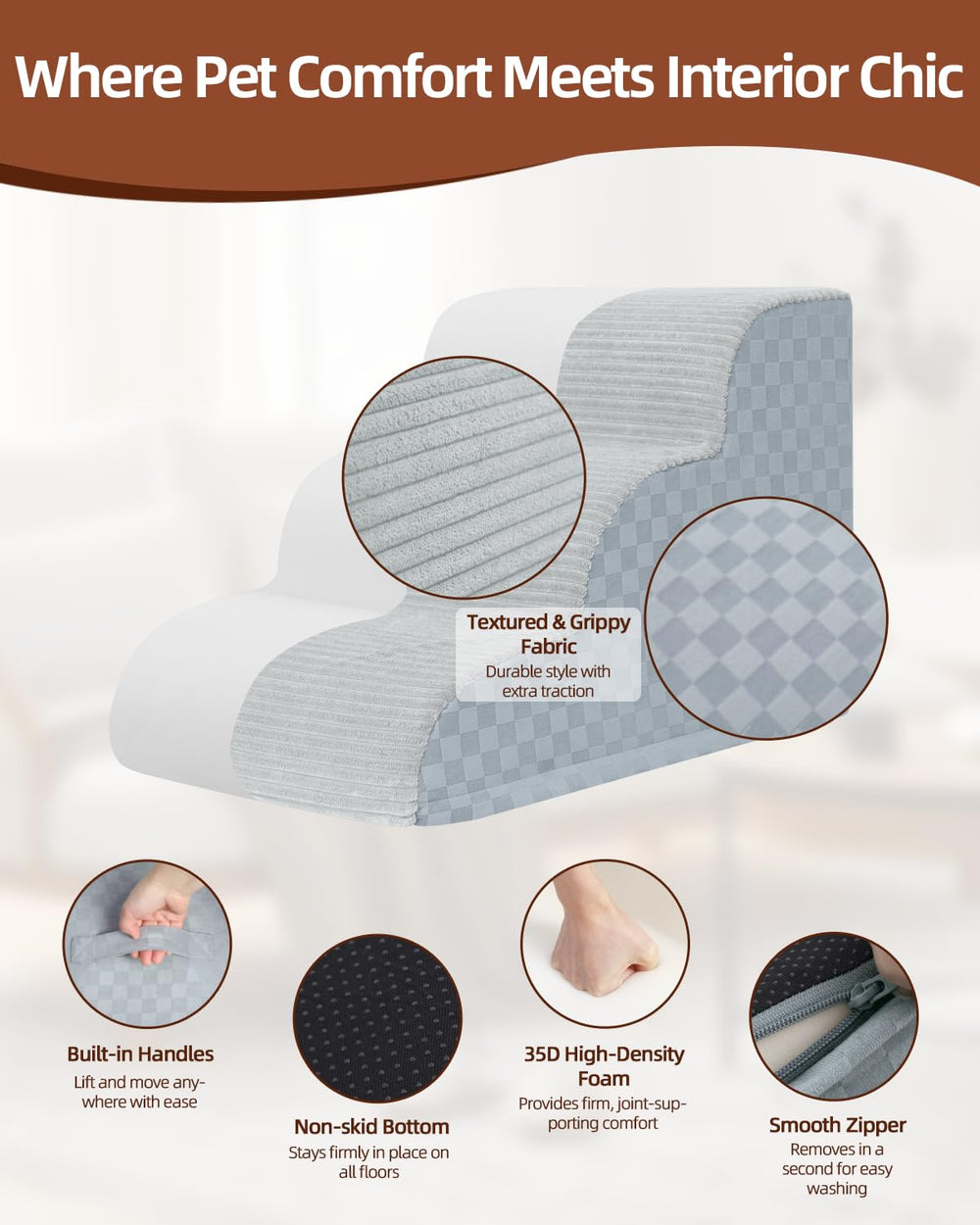 Vfrog 3-step grey stairs beside chair demonstrate versatile height access.