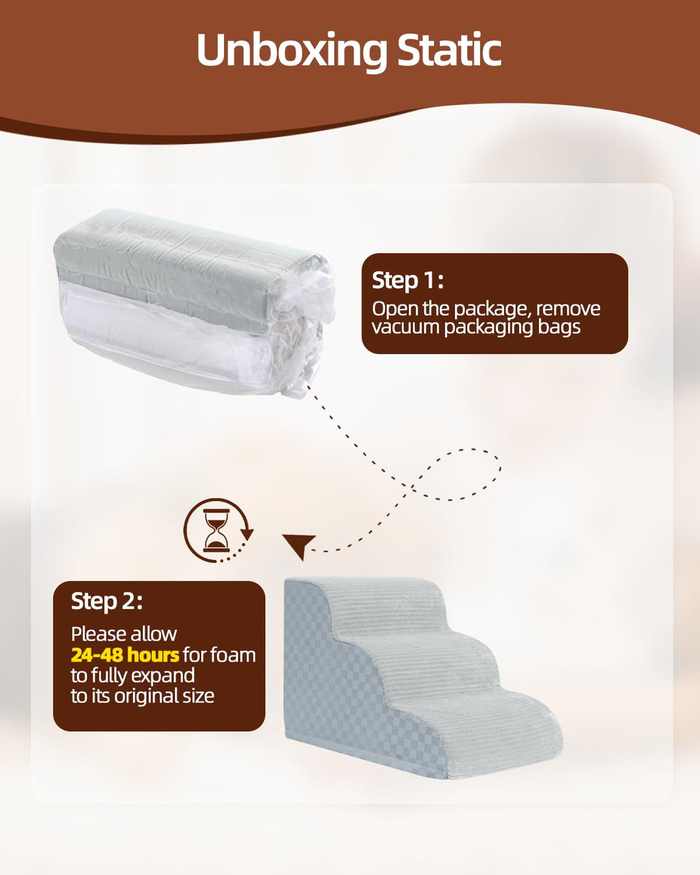 Vfrog grey slipcover being removed for machine washing on dog stairs.