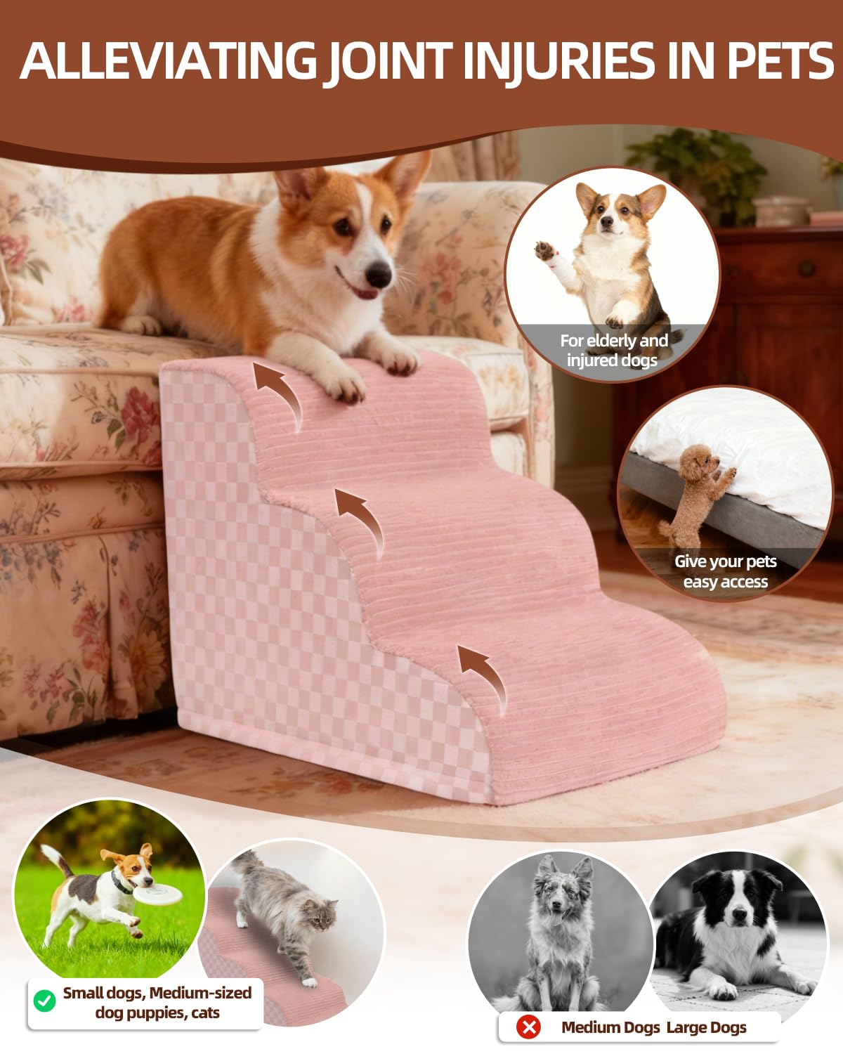 Vfrog dog stairs pink front-view emphasizes stable foam support for small dogs.