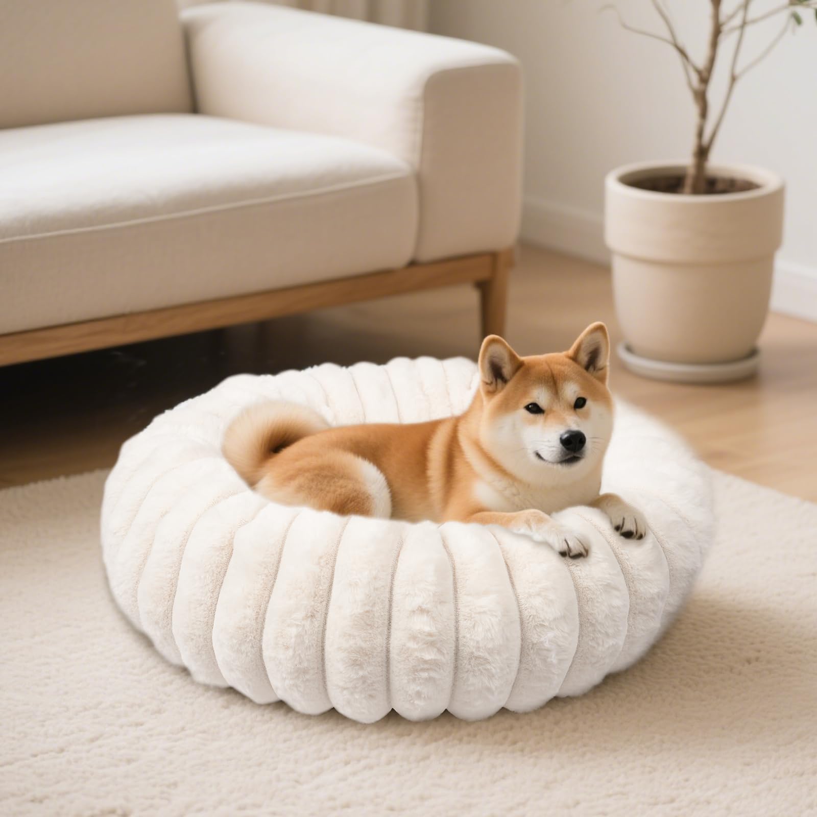 Vhen When Donut Bed close-up with plush faux rabbit fur for cozy warmth and comfort.