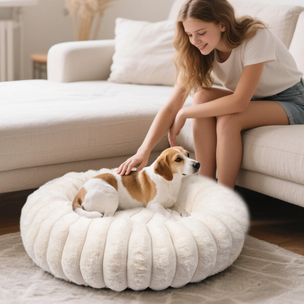 Vhen When Donut Bed uses soft faux rabbit fur to create a cozy world.