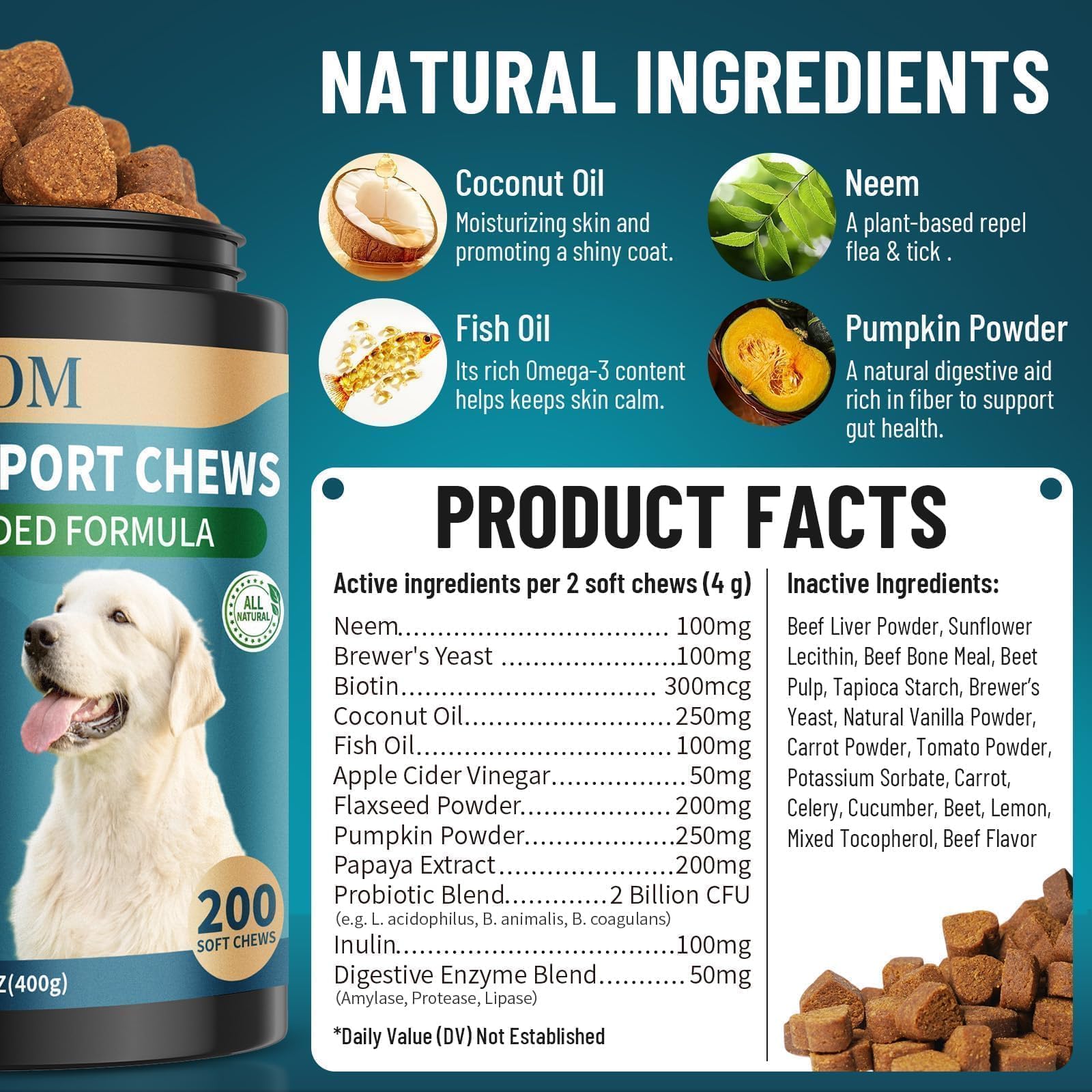 VICSOM 200-count bottle packaging emphasizes value for multi-dog households.