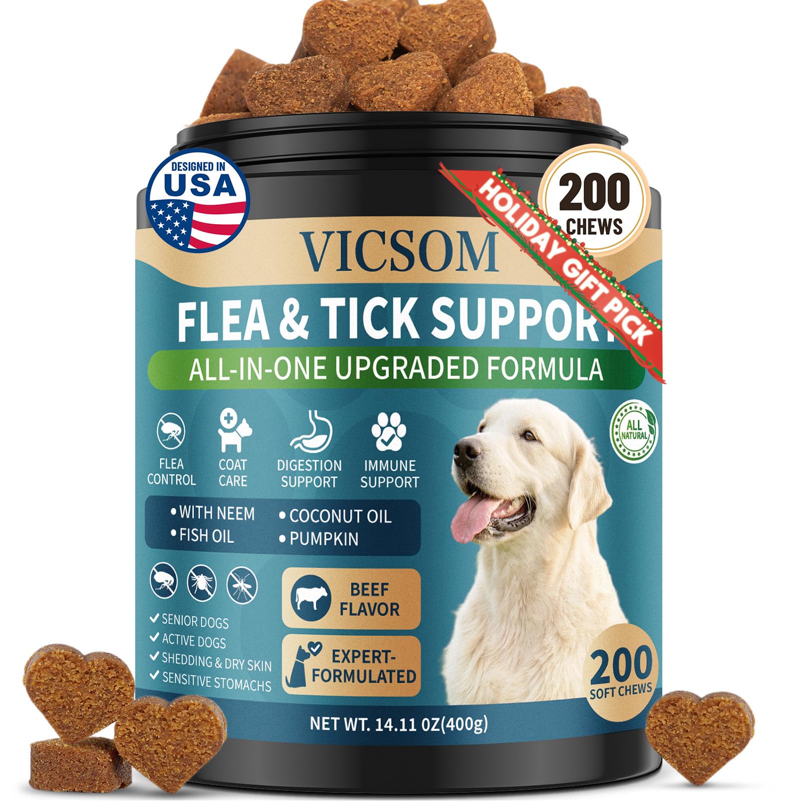 VICSOM flea-tick chews bottle front shows beef flavor for dog wellness.