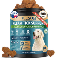 VICSOM flea-tick chews bottle front shows beef flavor for dog wellness.