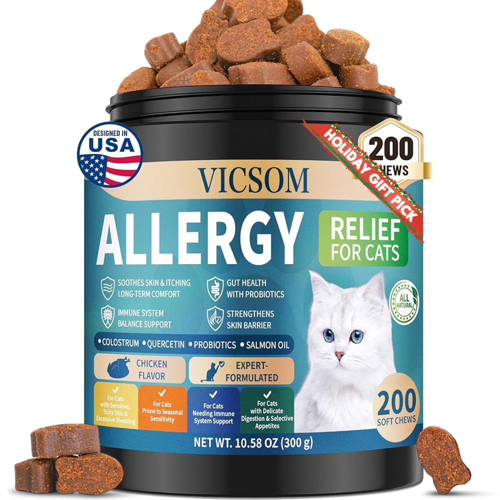 VICSOM 200 Natural Cat Allergy Chews bottle with convenient daily allergy relief support.