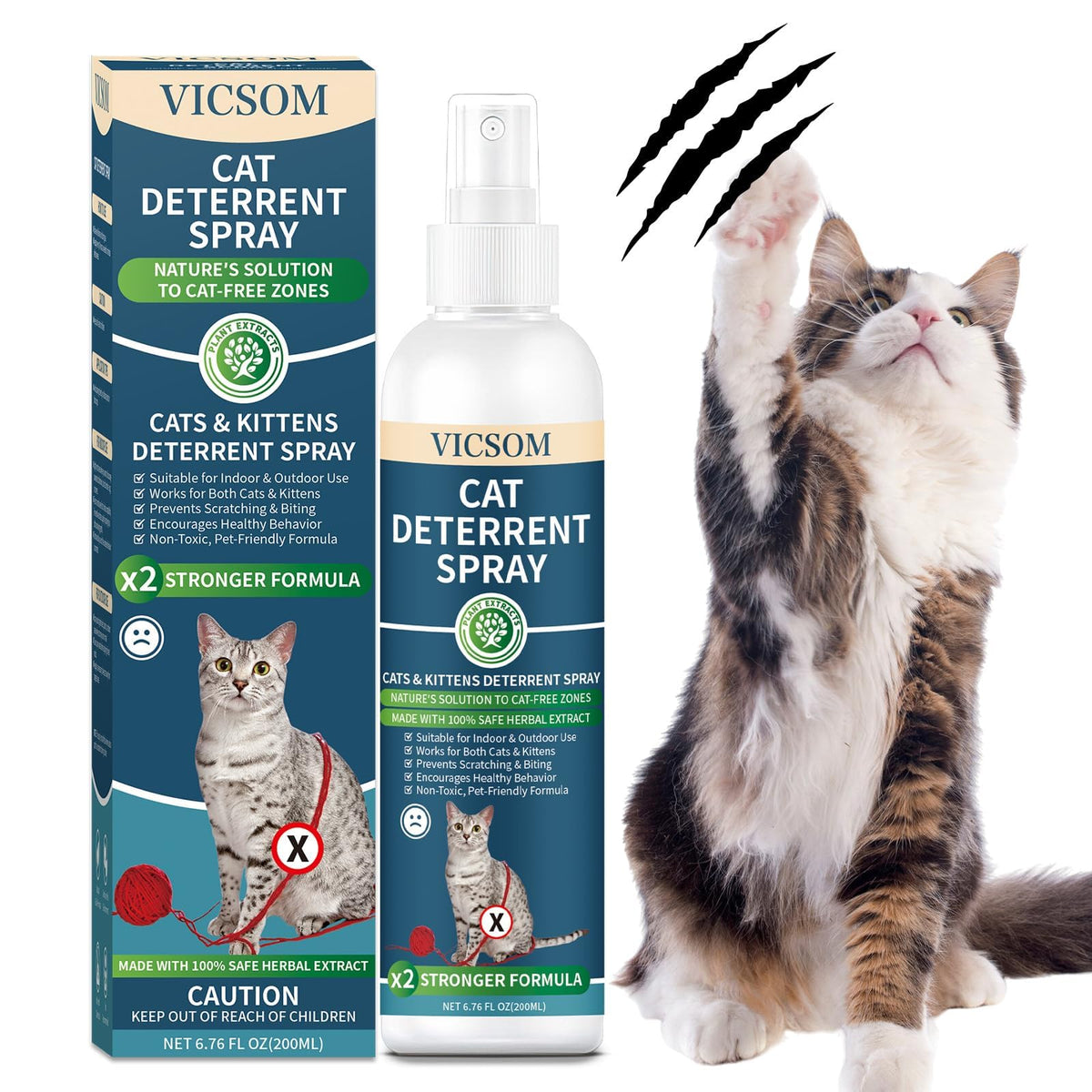 VICSOM Cat Deterrent Spray bottle closeup showing humane training focus