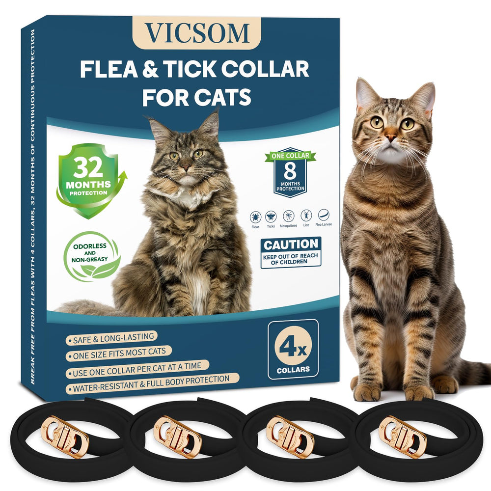 VICSOM 4-pack flea collar on cat neck shows adjustable fit and prevention
