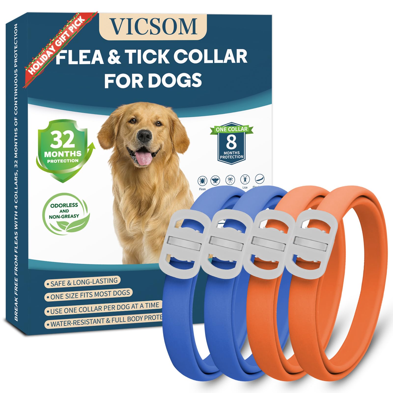 VICSOM dog flea collar 4-pack packaging shows multi-pack protection for pets.