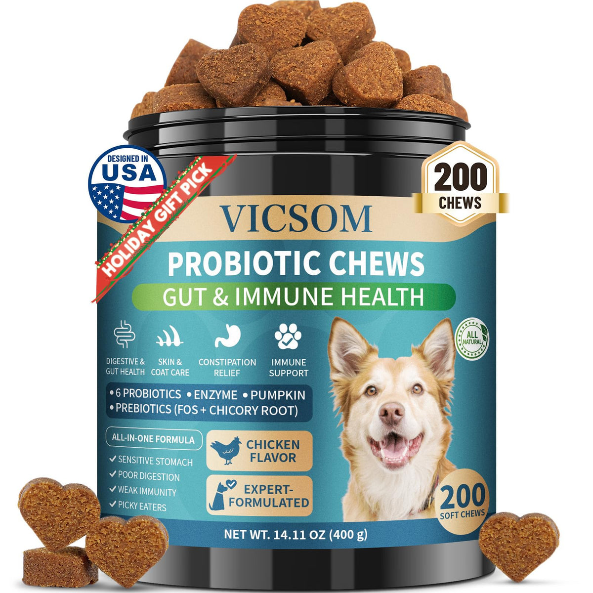 VICSOM Dog Probiotics chews bottle front for daily digestive health.