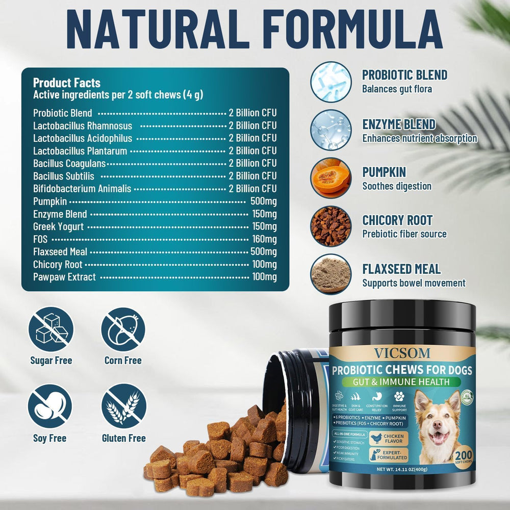 VICSOM Dog Probiotics ingredients layout features flaxseed and chicory.