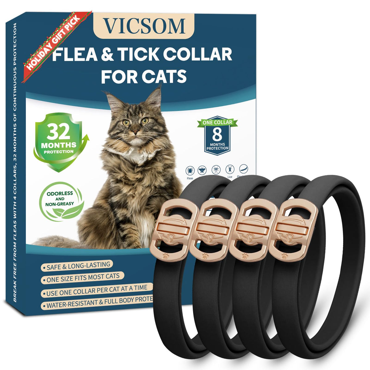 VICSOM flea-tick collar for cats in black packaged for convenient pest protection.