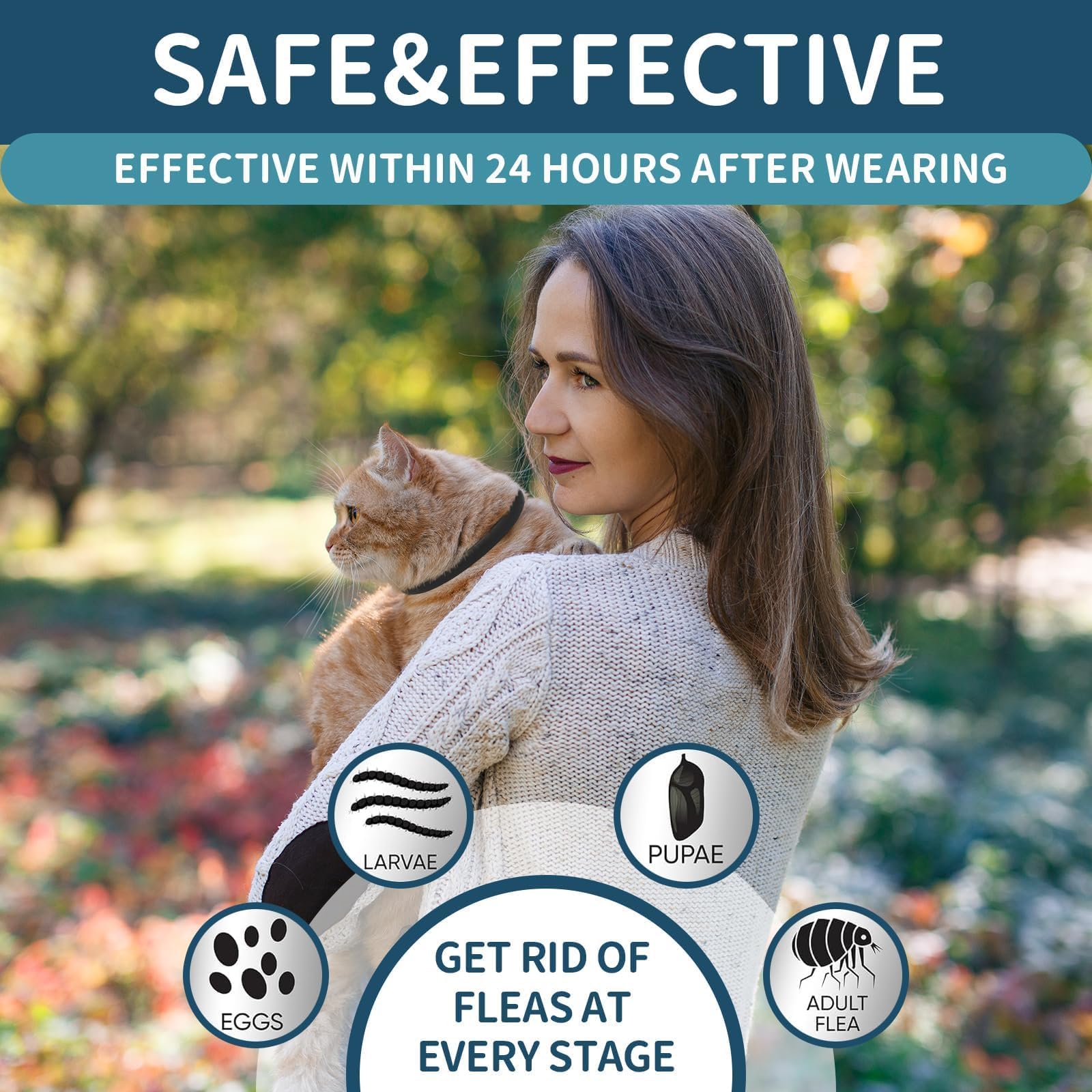 VICSOM cat wearing black flea collar shows adjustable fit for different necks.