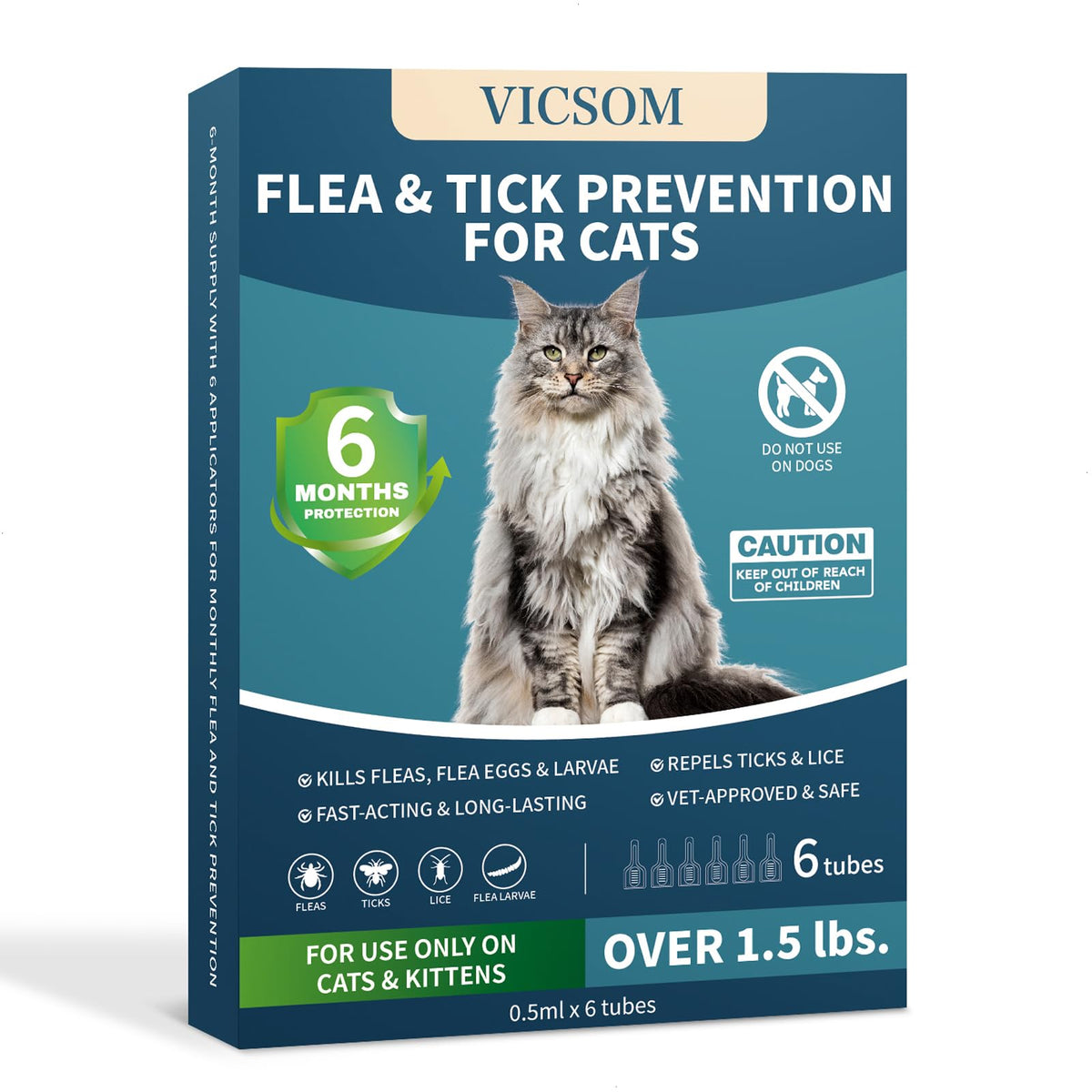 VICSOM flea-treatment cat-packaging shows a convenient 6-month supply for ongoing protection.