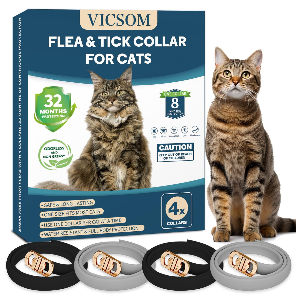 VICSOM four-pack flea collar for cats provides up to 8 months of protection.