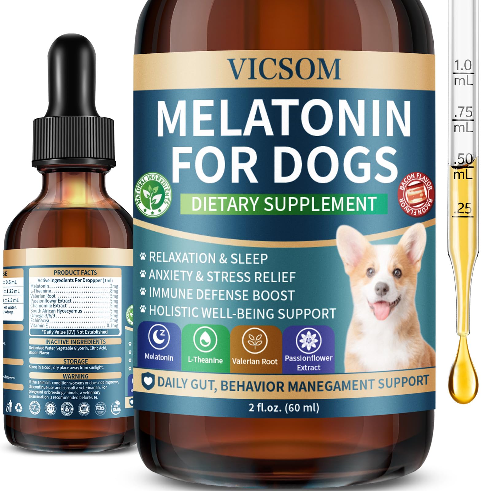 VICSOM liquid melatonin for dogs bottle image shows easy daily calming use.