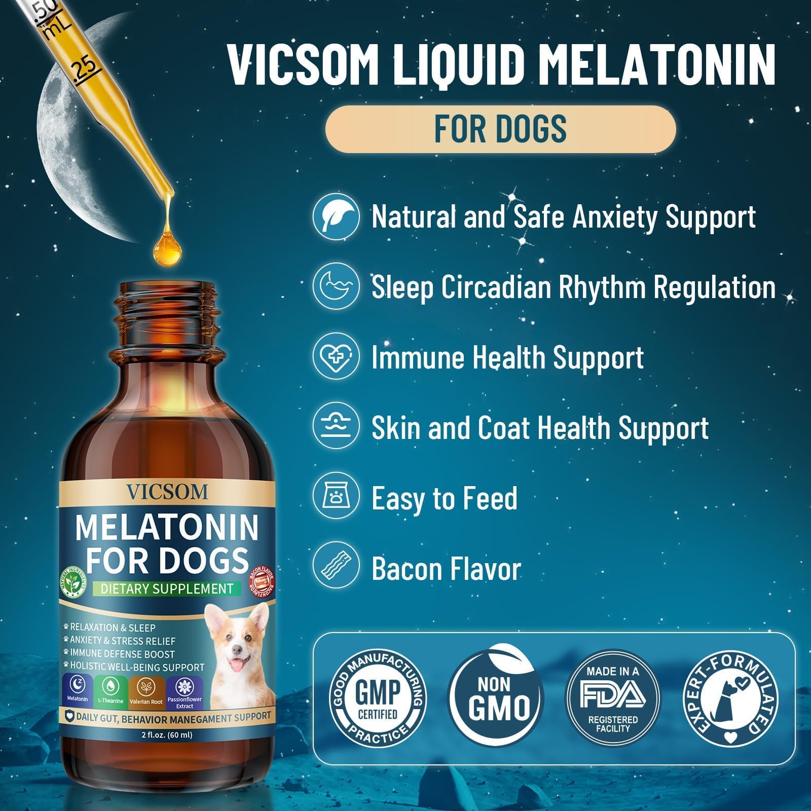 VICSOM liquid melatonin for dogs label emphasizes natural calming ingredients for pets.