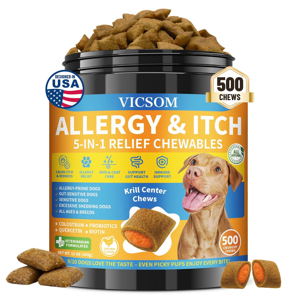 VICSOM dog allergy relief chews bottle front shows daily allergy support for dogs