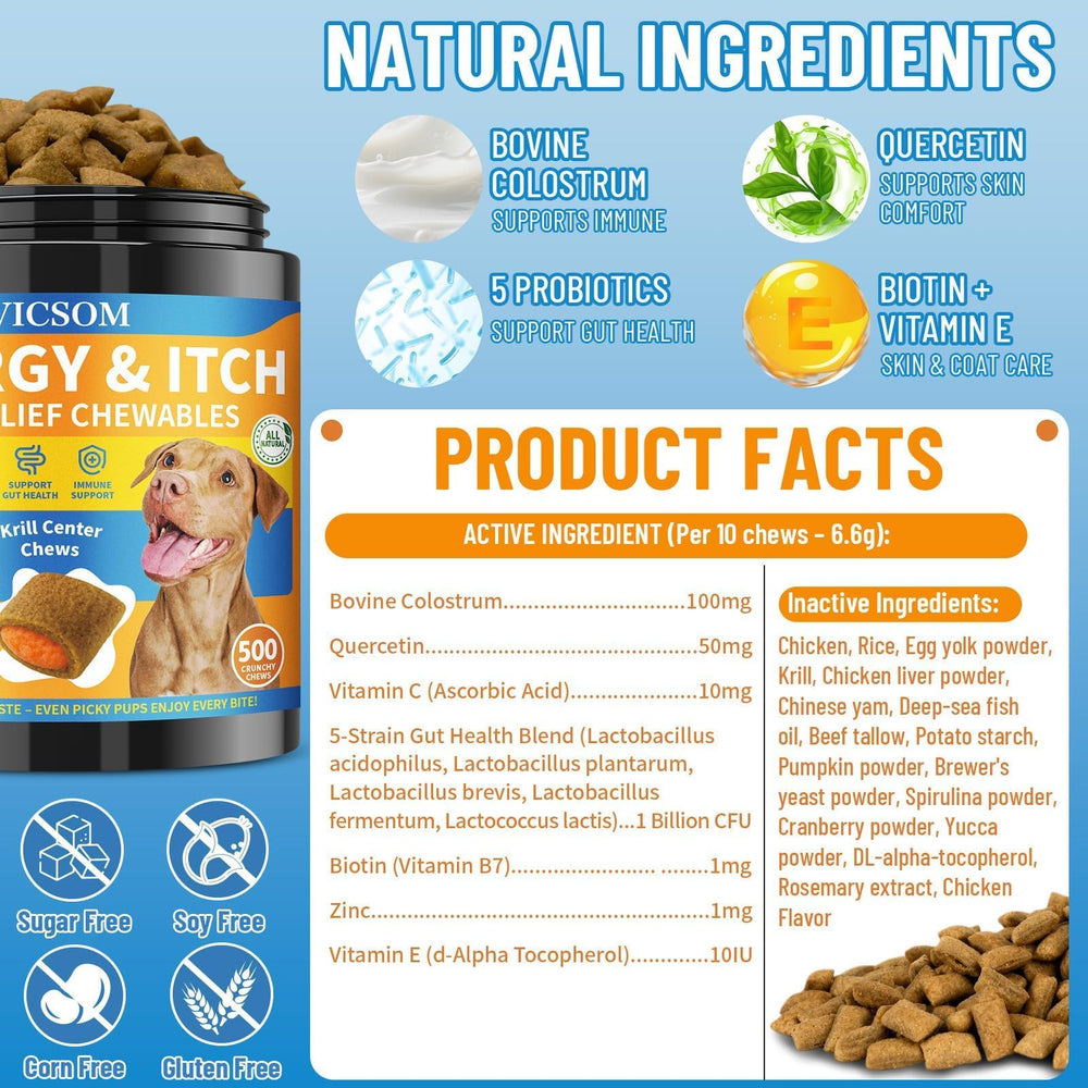 VICSOM dog allergy relief chews dog enjoying chew demonstrates easy daily use