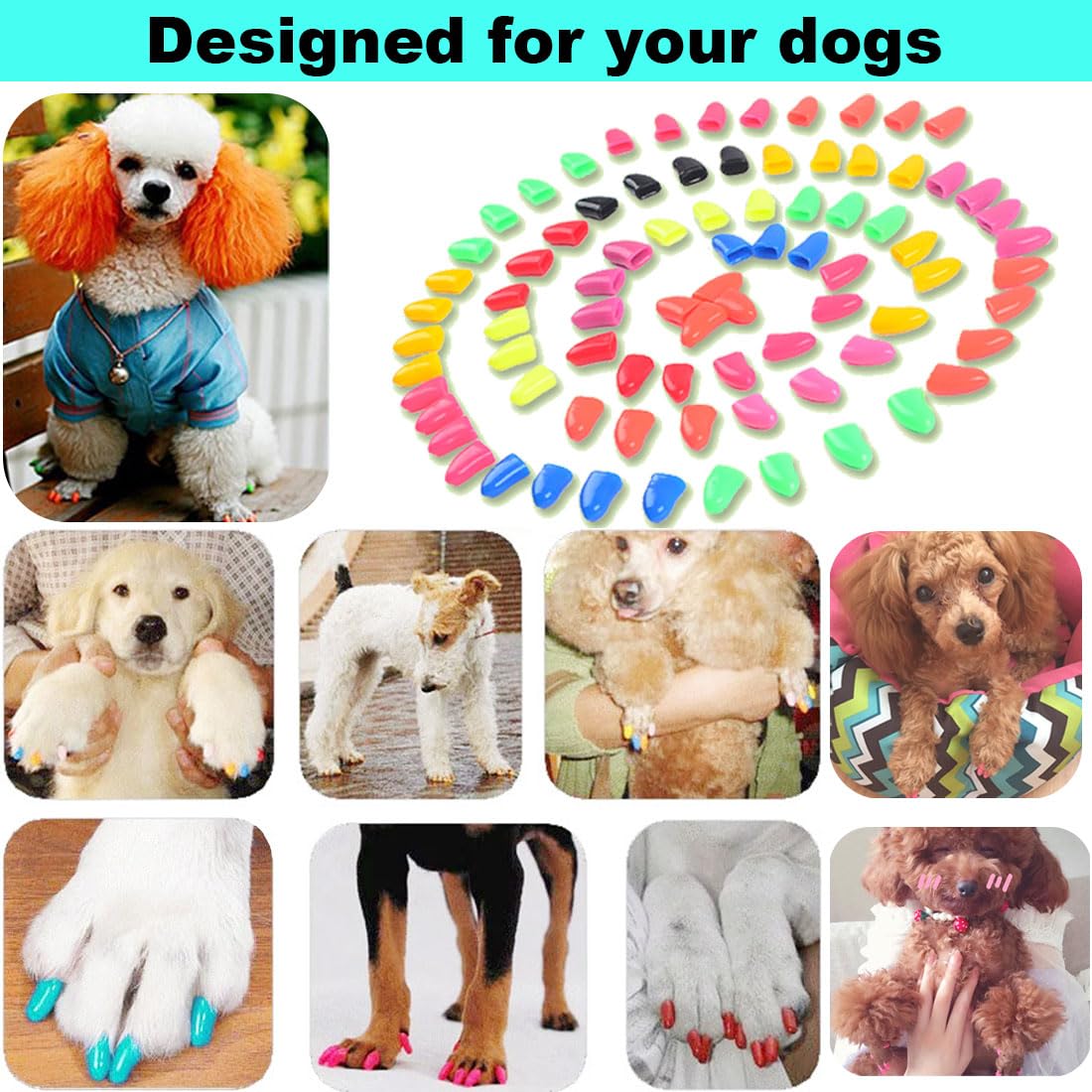 VICTHY dog nail caps color display showing 12 color options for matching fur and mood