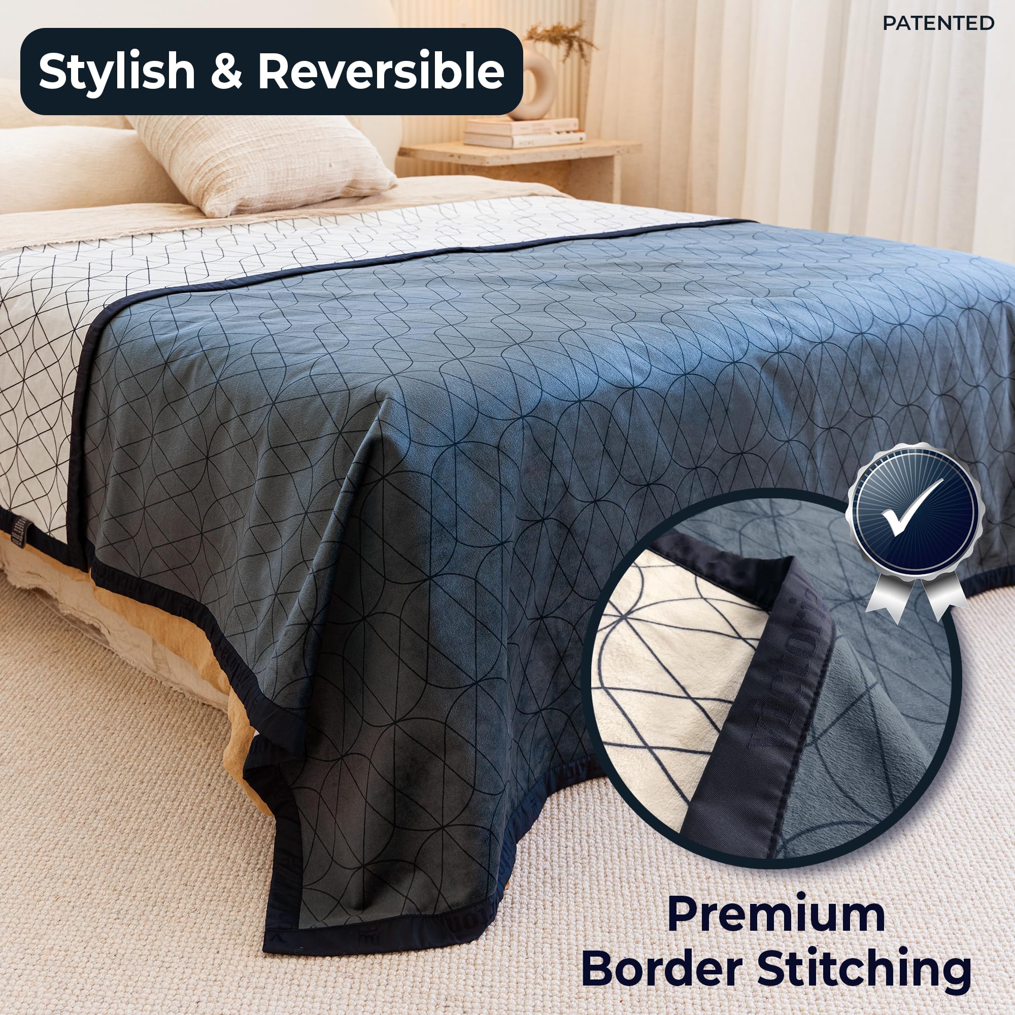 Victoria Orton blanket emphasizes pet hair resistance on blue-white surface