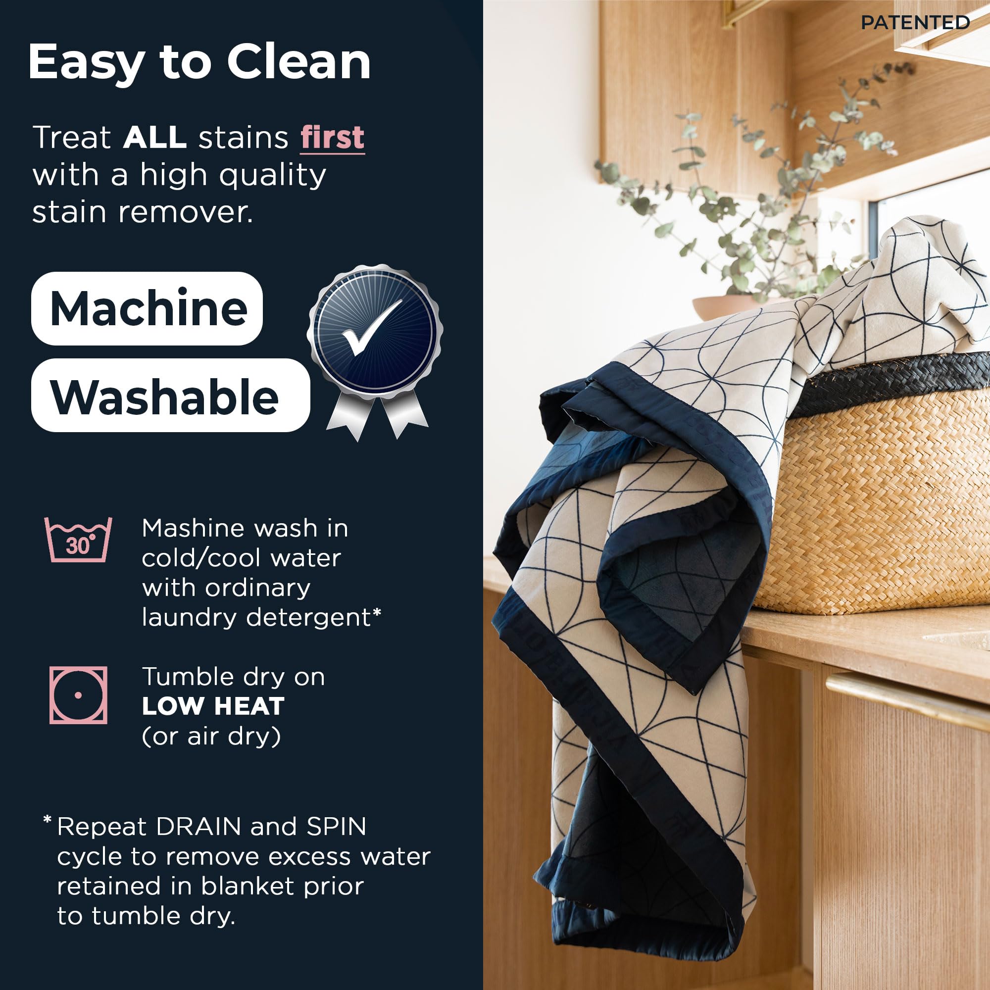 Victoria Orton reversible waterproof blanket shown on blue-white bedding