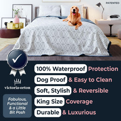 Victoria Orton waterproof blanket highlights spill protection on blue-white fabric