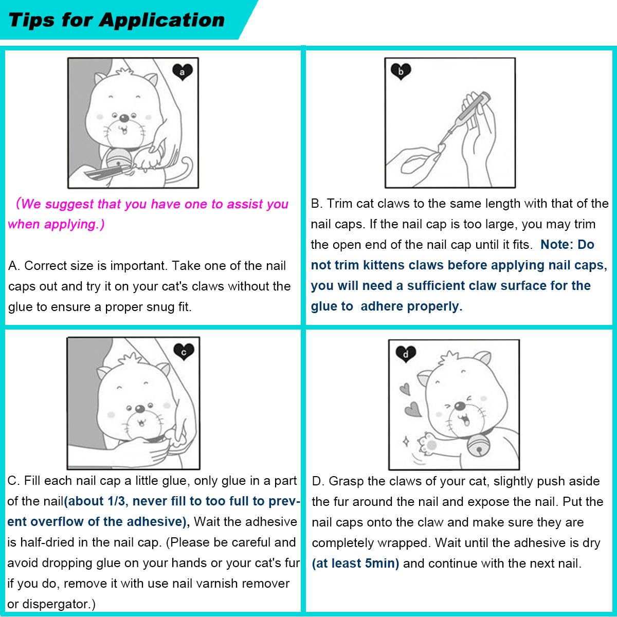 VICTHY cat nail caps size guide image highlighting kitten and adult fits