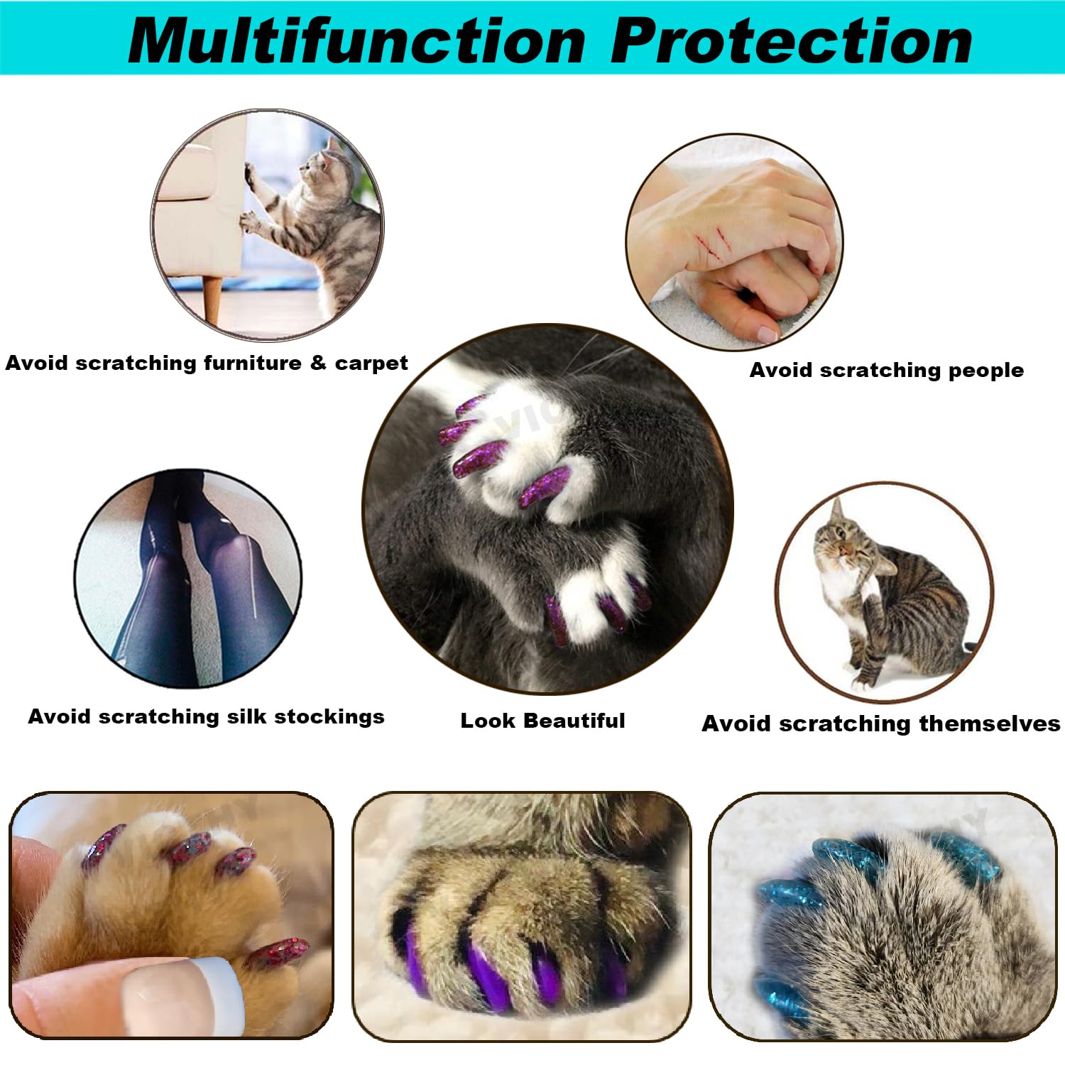 VICTHY nail caps fitted over a cat's claw to reduce damage during play.