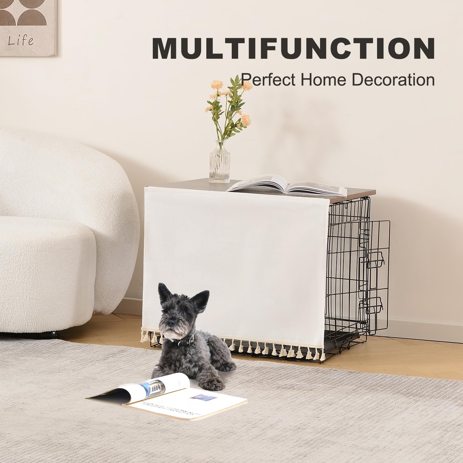 VIE DE AMAN dog crate topper wood showcasing tassel curtain for added privacy.