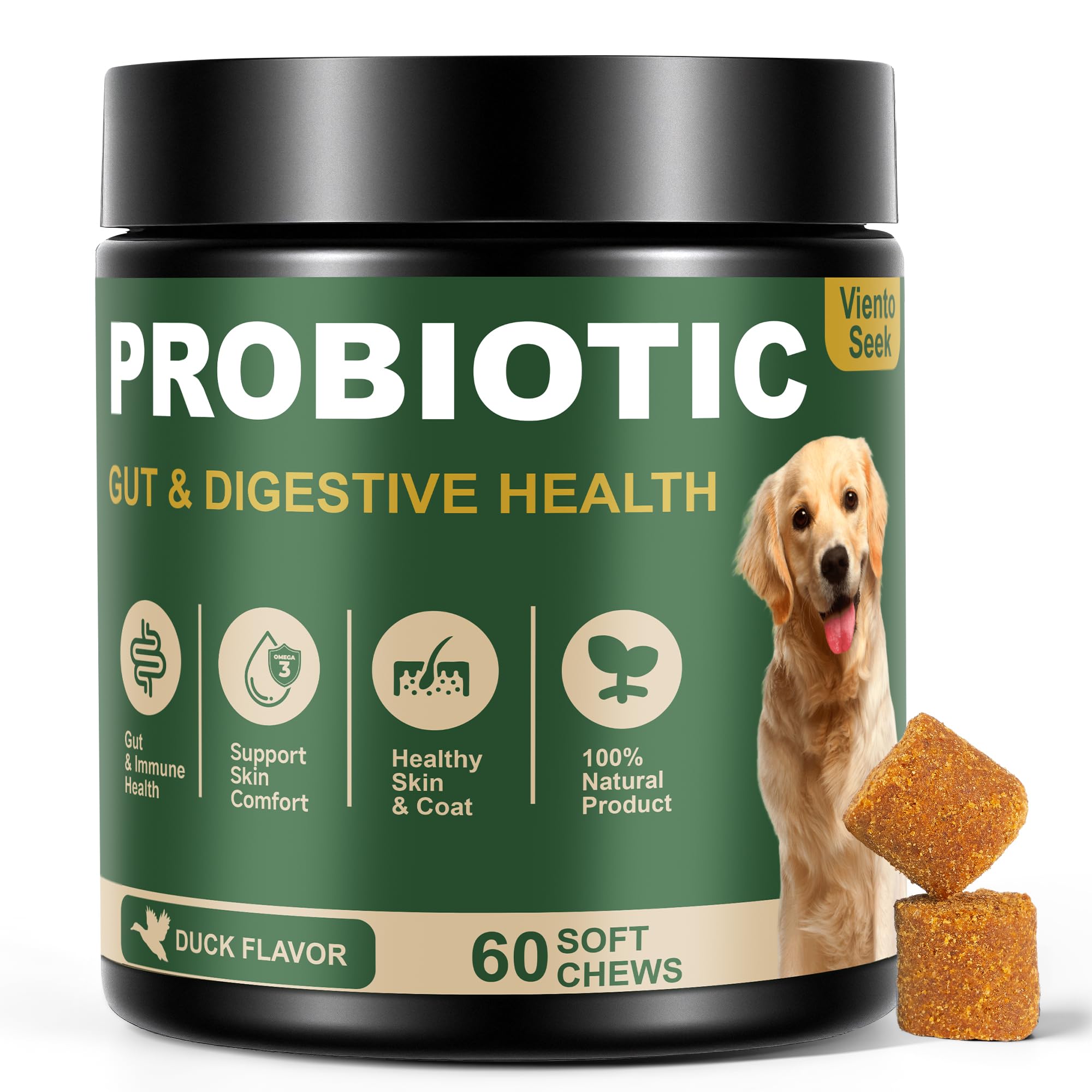 VientoSeek Duck Probiotics bottle-front showing daily gut-friendly supplement for dogs.