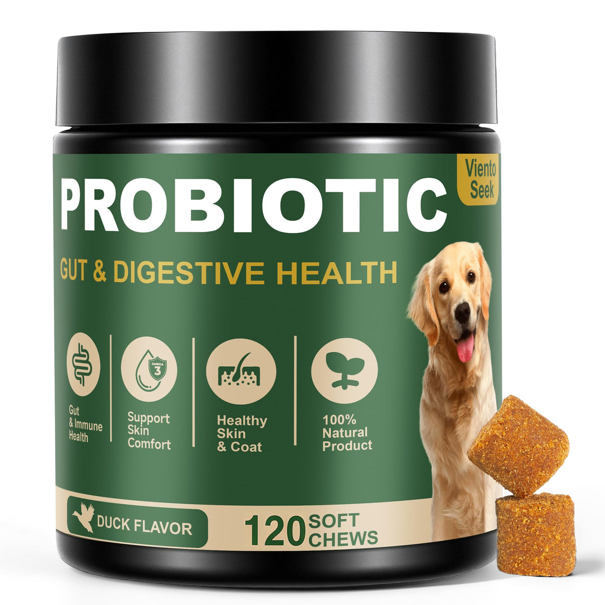 VientoSeek dog probiotics bottle with duck-flavored chews promoting gut balance.