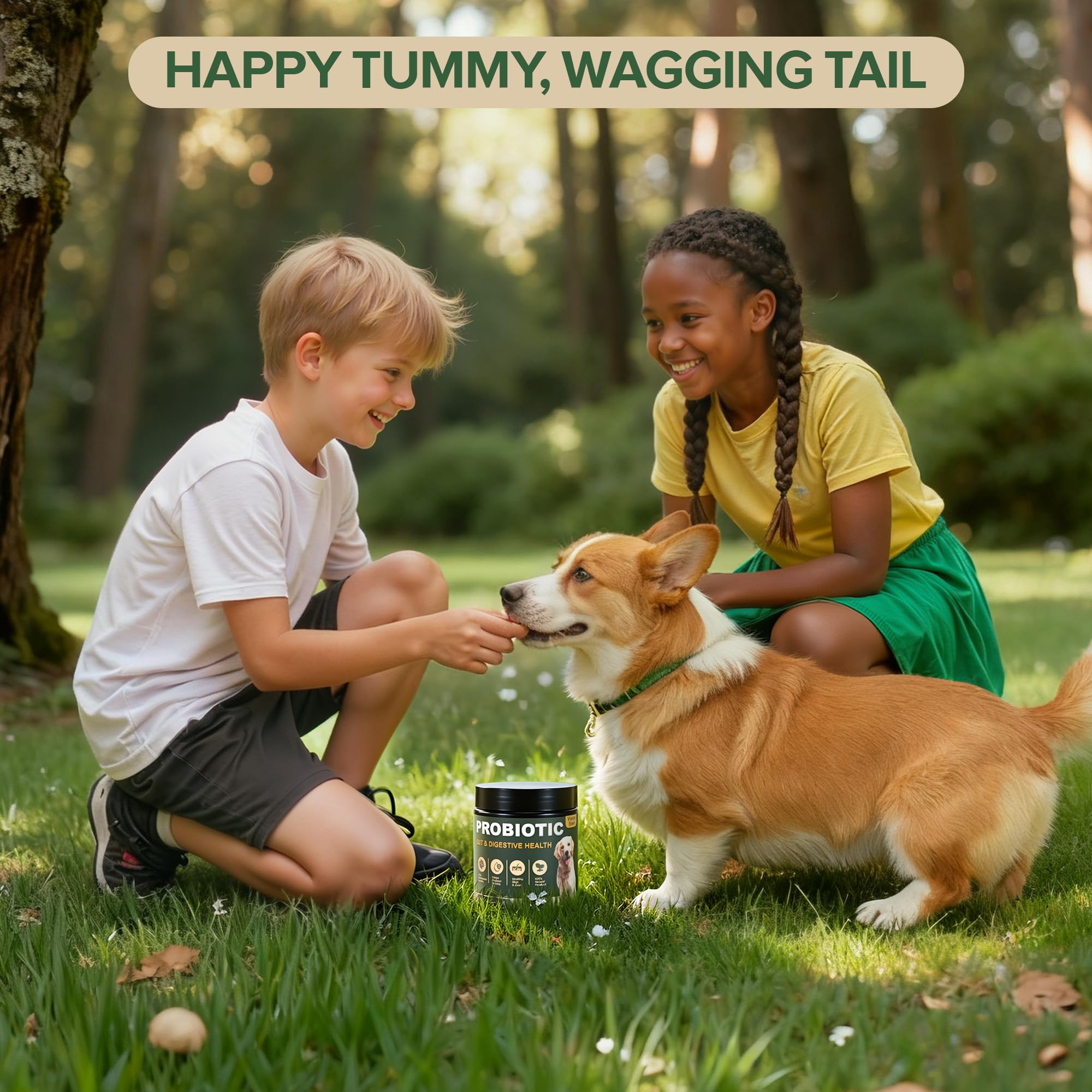 VientoSeek packaging beside a happy dog, suitable for daily use from puppy to senior.