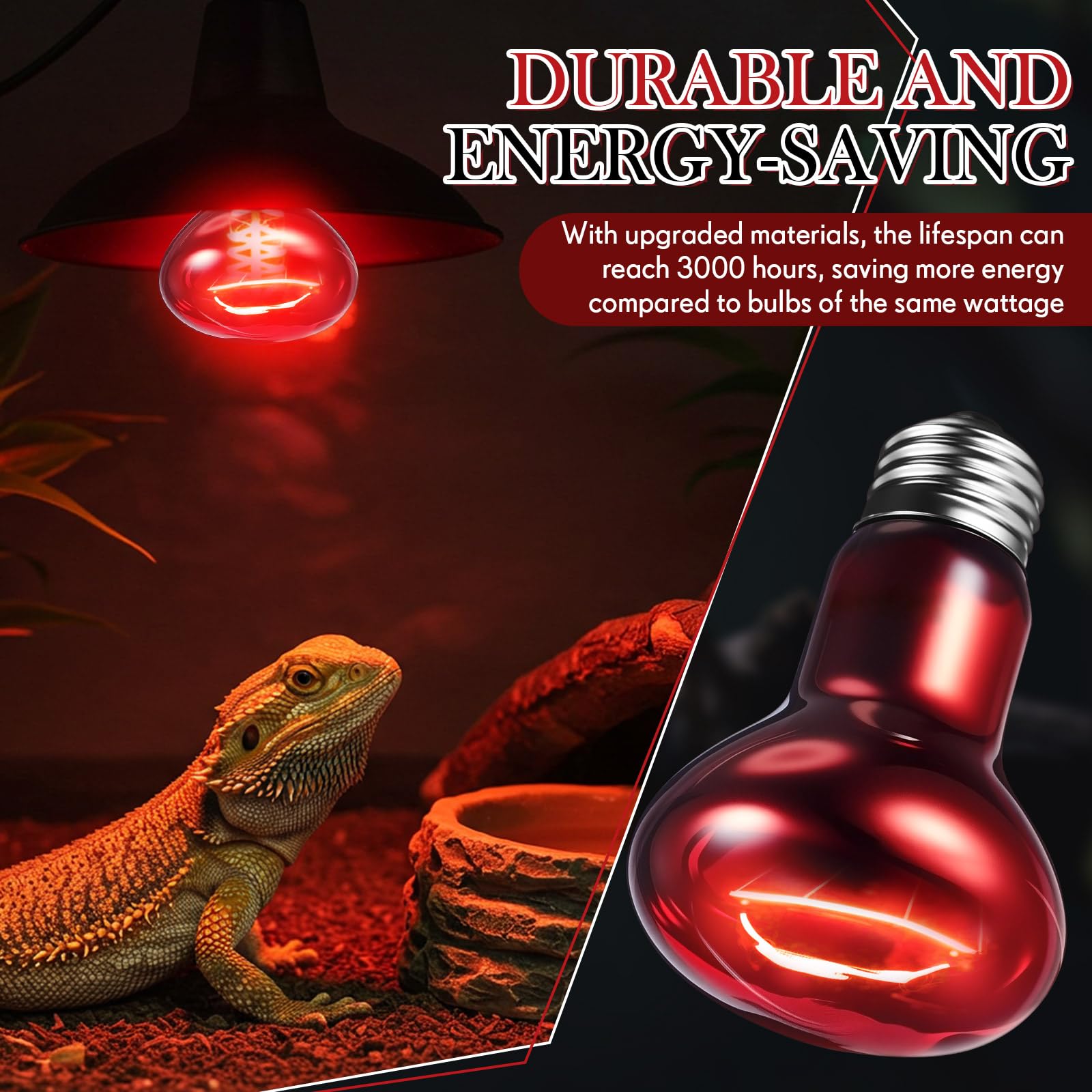 VIHOSE bearded dragon basking setup uses red heat bulb for healthy warming.