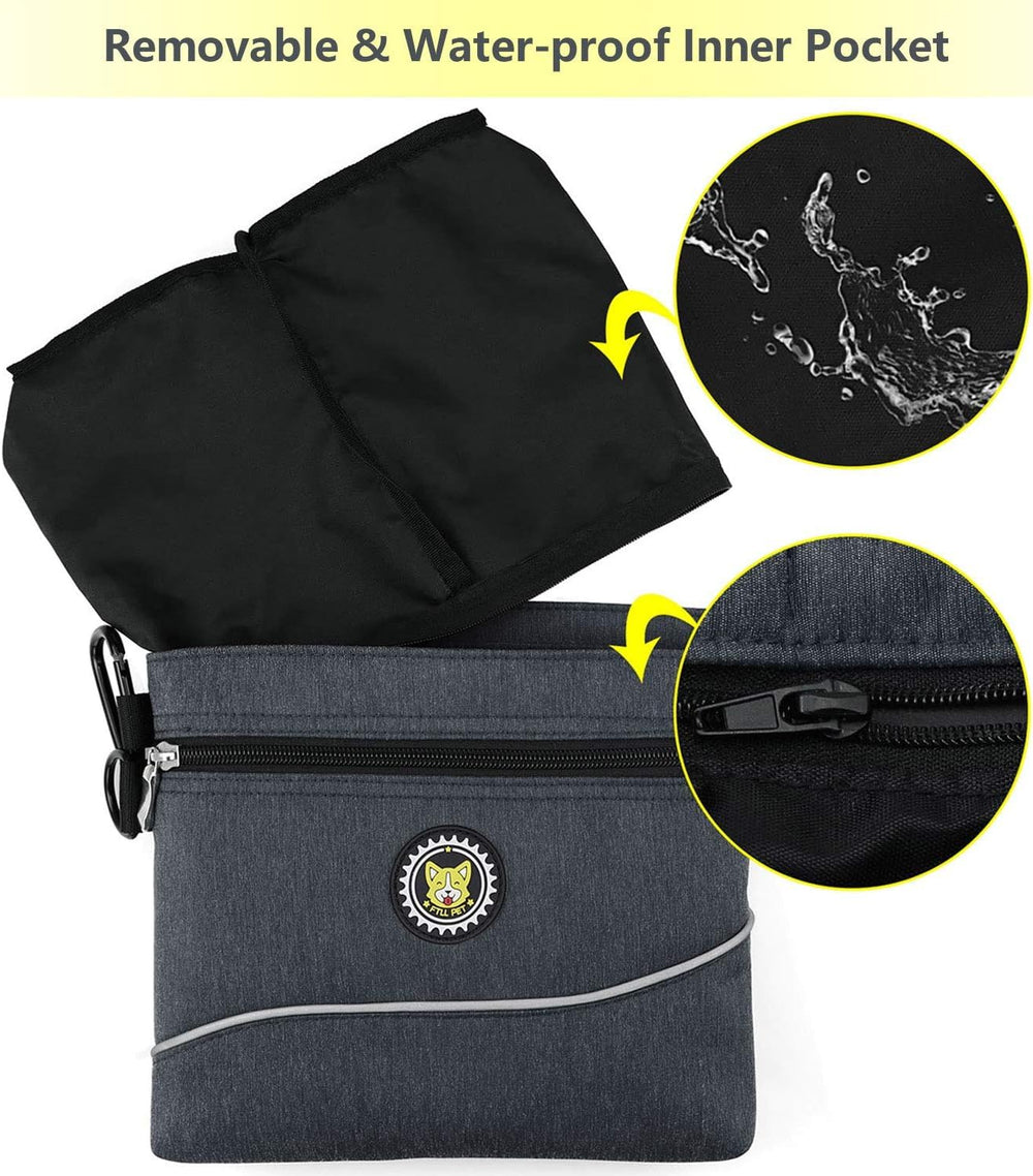 Viklluyr dog treat pouch includes carabiner for secure attachment to belt or leash.