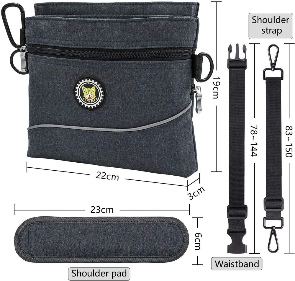 Viklluyr dog treat pouch shows two zip pockets to secure personal items during workouts.