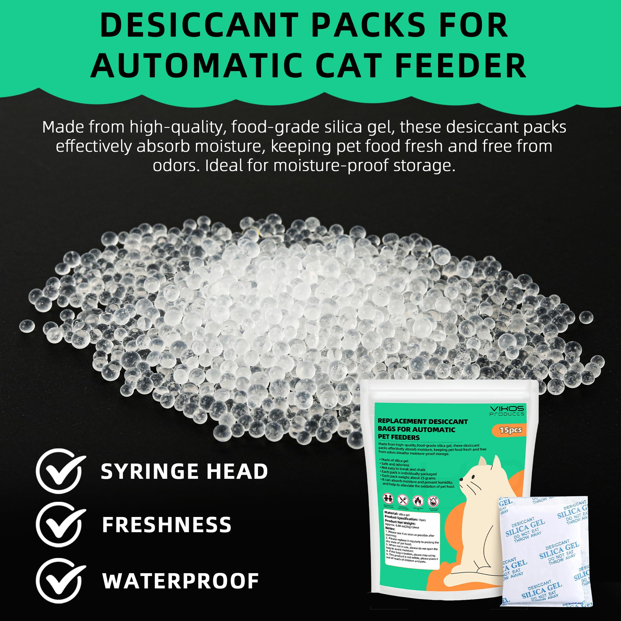 VIKOS food-grade silica gel desiccant packs absorb moisture to extend food life
