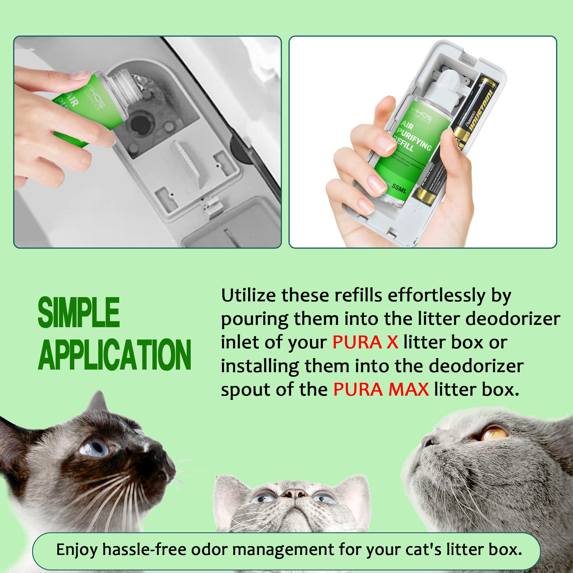 VIKOS litter box deodorizer inlet setup showing easy installation for freshness.