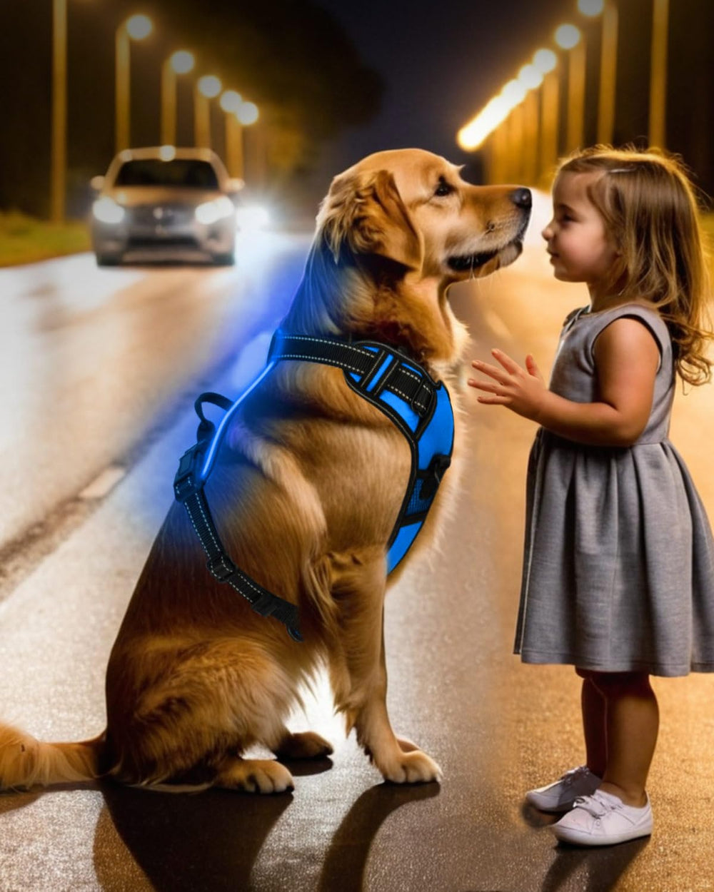 Villabliss light up dog harness blue back pocket shows handy storage during walks