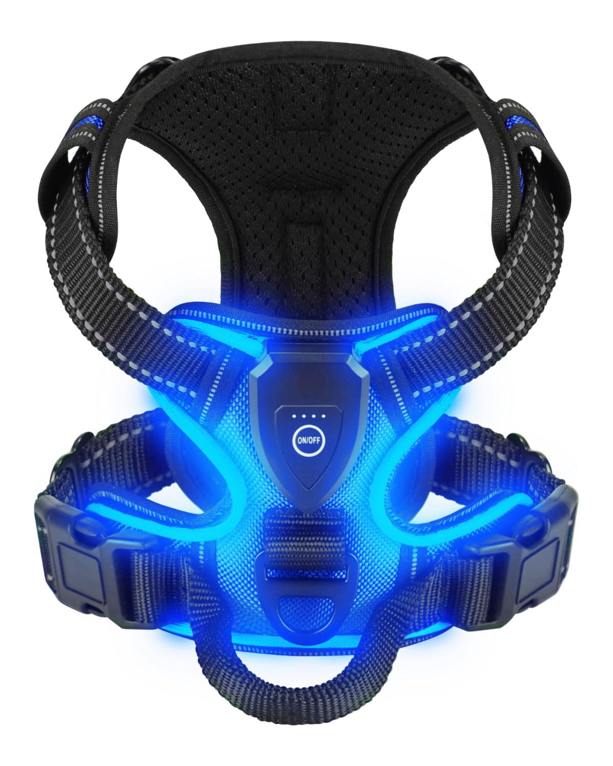 Villabliss light-up dog harness worn by a blue XL dog for nighttime visibility