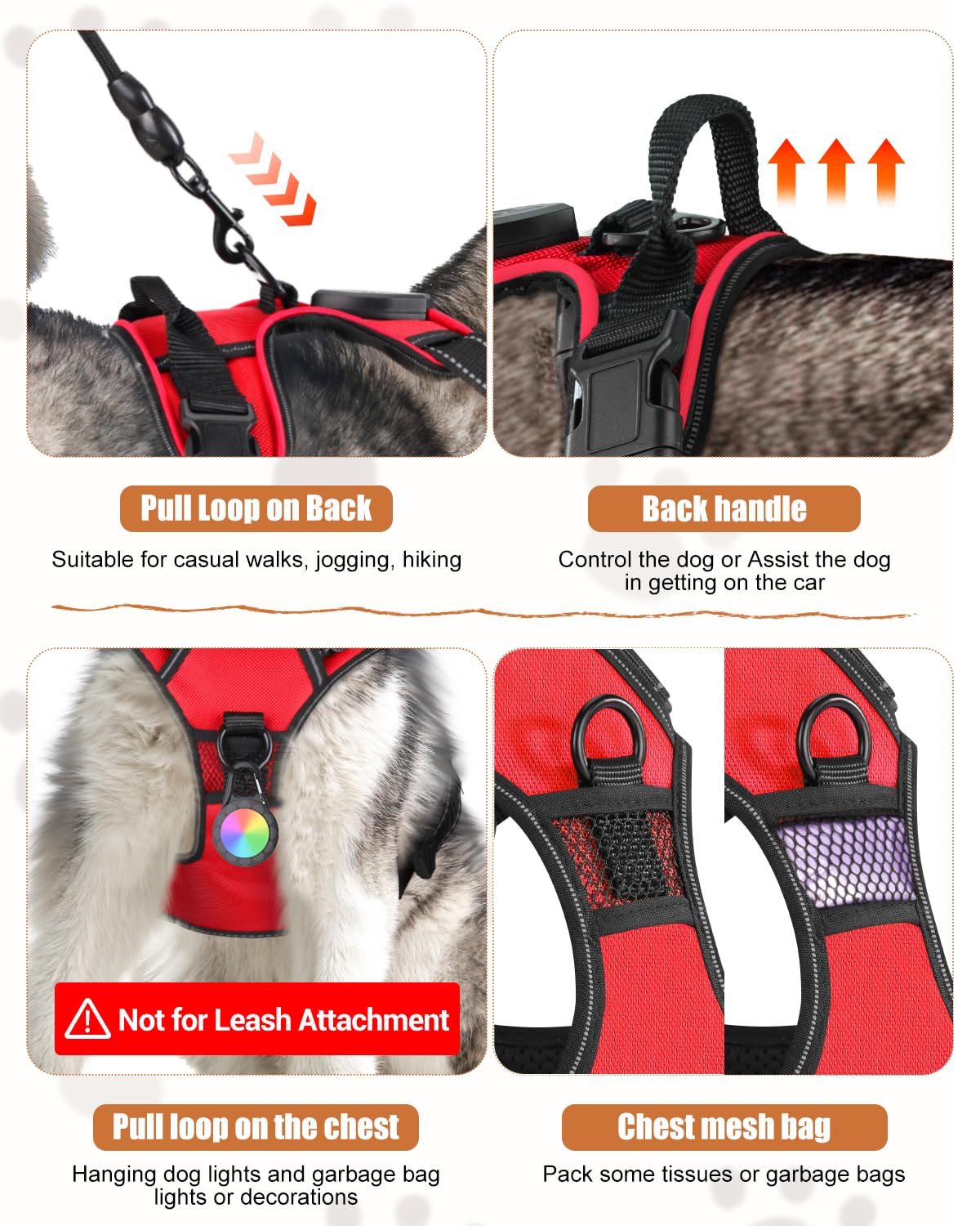 Villabliss light up dog harness front o ring holds night light and tag