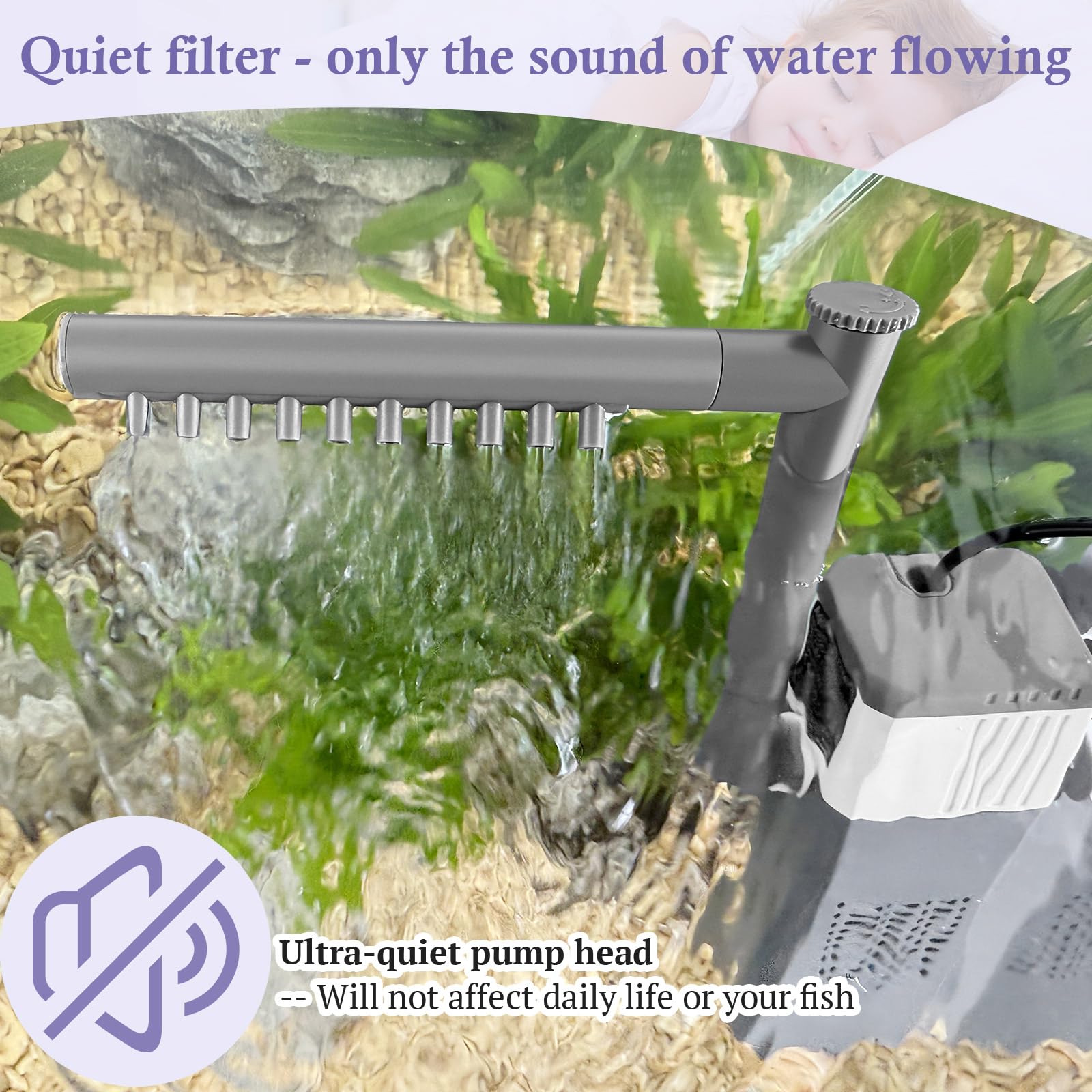VILLNO 10W filter output with aeration bubbles promoting oxygenation.