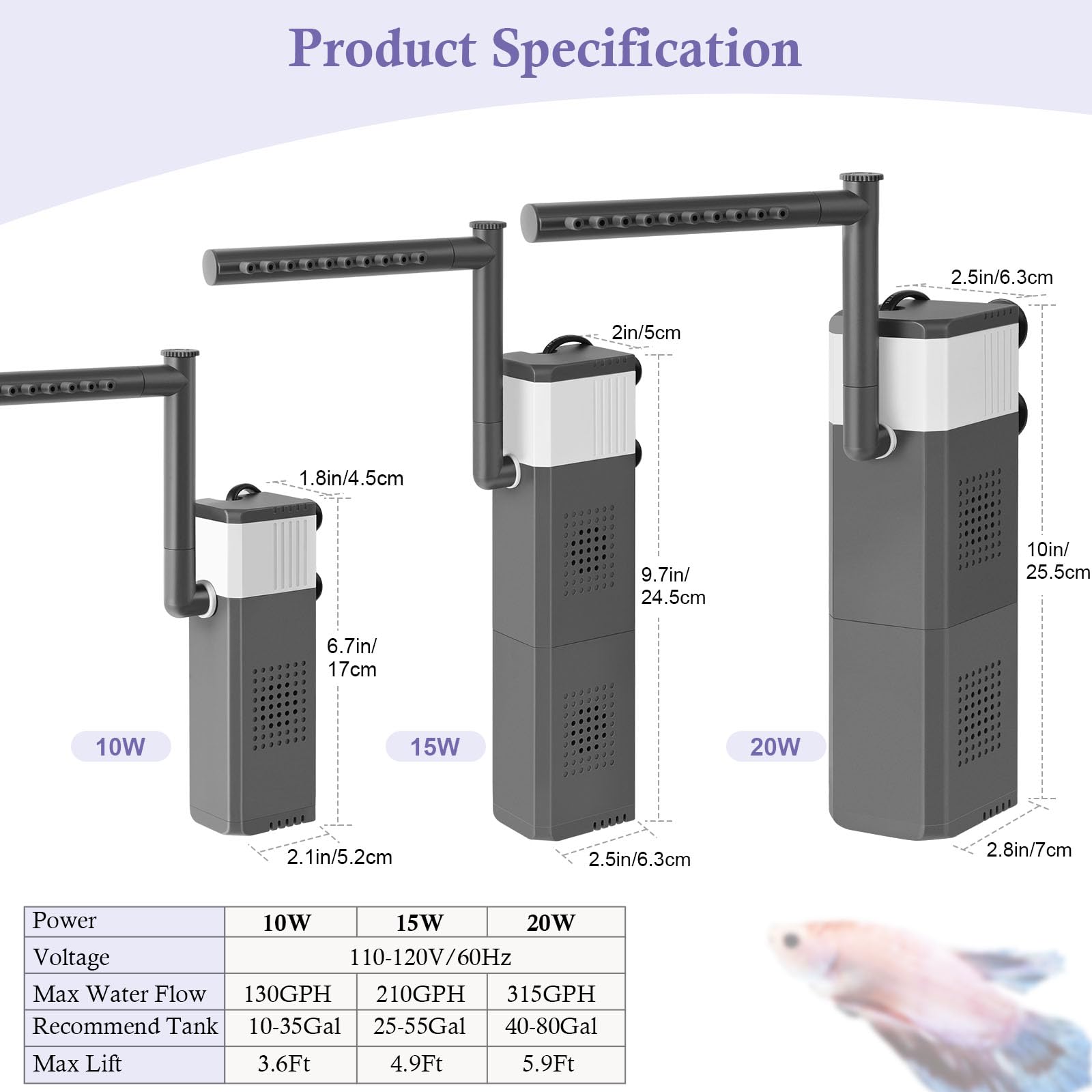 VILLNO 10W filter side view showing adjustable knob for flow control.