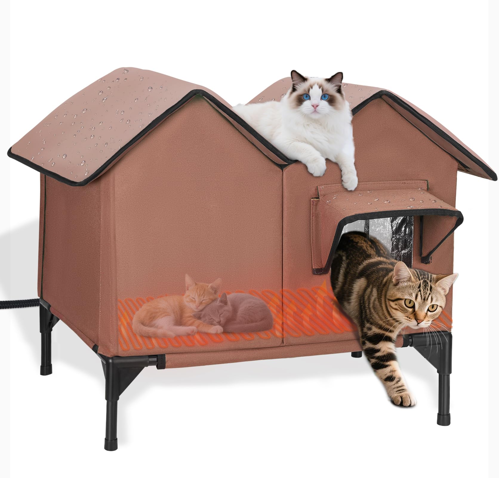 VILRAK large heated cat house outdoors with weatherproof roof for winter shelter.