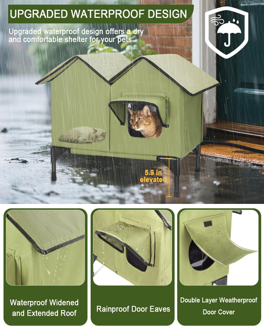 VILRAK waterproof PVC roof cat house prevents rain intrusion while protecting interior warmth.