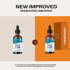 Vimergy Cat's Claw Liquid dropper highlights easy daily dosing in water, juice, or smoothies.