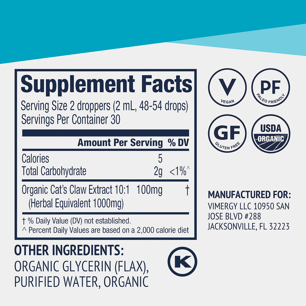 Vimergy Cat's Claw Liquid glass with bright label communicates clean, alcohol-free formula.